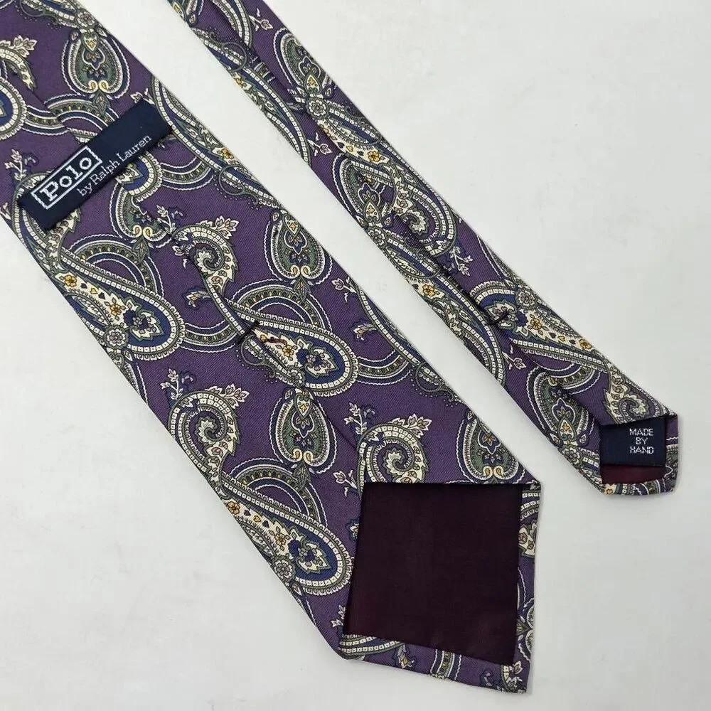POLO RALPH LAUREN SILK TIE PURPLE GREEN PAISLEY VINTAGE MADE BY HAND 3.5